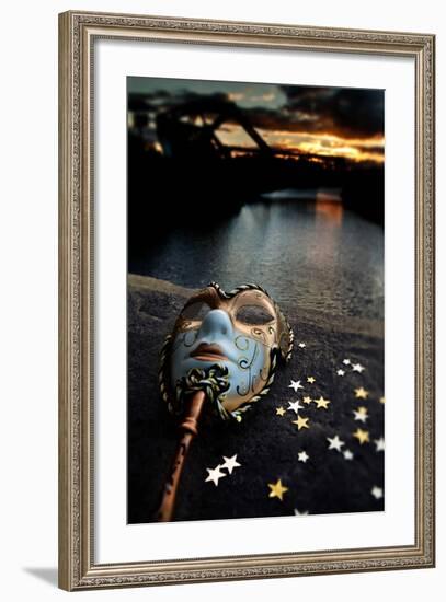 Venetian Mask By The River Bridge With Sunset-passigatti-Framed Premium Giclee Print