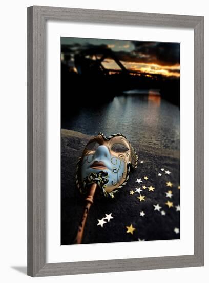 Venetian Mask By The River Bridge With Sunset-passigatti-Framed Premium Giclee Print