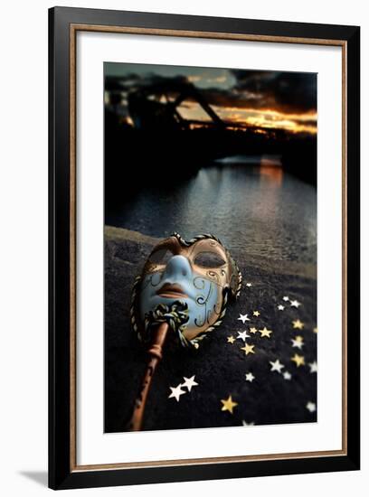 Venetian Mask By The River Bridge With Sunset-passigatti-Framed Premium Giclee Print