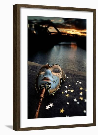 Venetian Mask By The River Bridge With Sunset-passigatti-Framed Premium Giclee Print