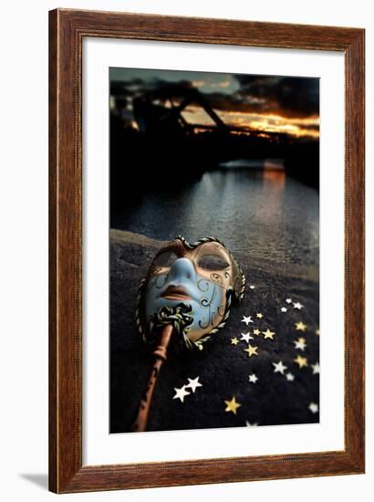 Venetian Mask By The River Bridge With Sunset-passigatti-Framed Premium Giclee Print