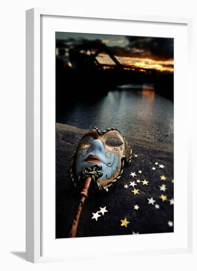 Venetian Mask By The River Bridge With Sunset-passigatti-Framed Art Print