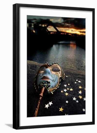 Venetian Mask By The River Bridge With Sunset-passigatti-Framed Art Print