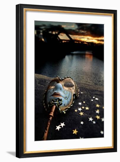 Venetian Mask By The River Bridge With Sunset-passigatti-Framed Art Print