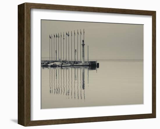 Veneto, Lake District, Lake Garda, Garda, Lakeside Pier and Lighthouse, Italy-Walter Bibikow-Framed Photographic Print