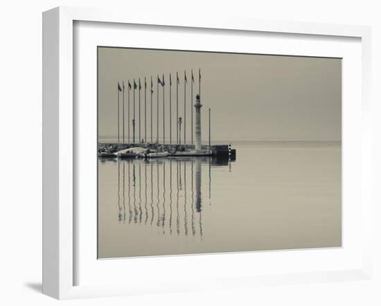 Veneto, Lake District, Lake Garda, Garda, Lakeside Pier and Lighthouse, Italy-Walter Bibikow-Framed Photographic Print