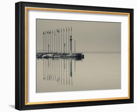 Veneto, Lake District, Lake Garda, Garda, Lakeside Pier and Lighthouse, Italy-Walter Bibikow-Framed Photographic Print