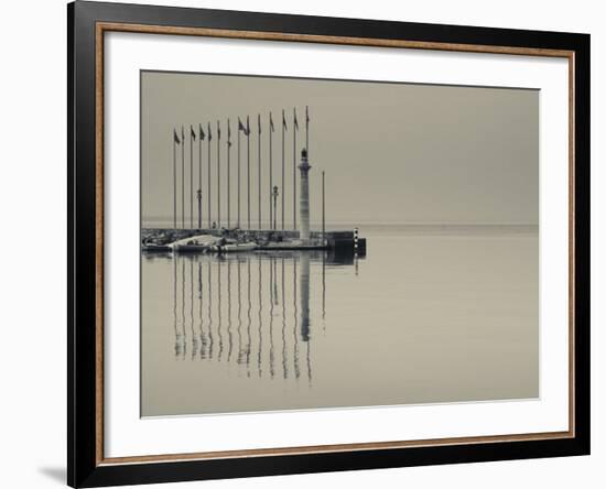 Veneto, Lake District, Lake Garda, Garda, Lakeside Pier and Lighthouse, Italy-Walter Bibikow-Framed Photographic Print