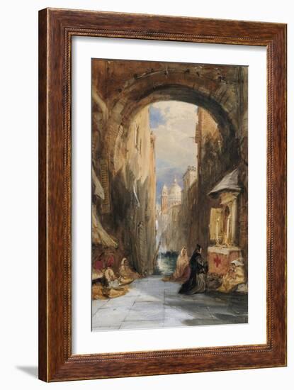 Venice: an Edicola Beneath an Archway, with Santa Maria Della Salute in the Distance, 1853-James Holland-Framed Giclee Print