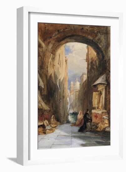 Venice: an Edicola Beneath an Archway, with Santa Maria Della Salute in the Distance, 1853-James Holland-Framed Giclee Print