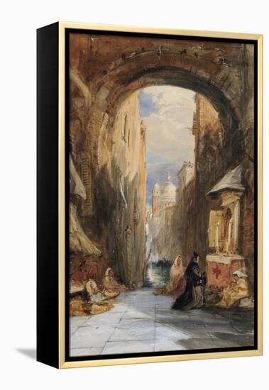 Venice: an Edicola Beneath an Archway, with Santa Maria Della Salute in the Distance, 1853-James Holland-Framed Premier Image Canvas