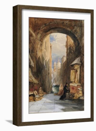 Venice: an Edicola Beneath an Archway, with Santa Maria Della Salute in the Distance, 1853-James Holland-Framed Giclee Print