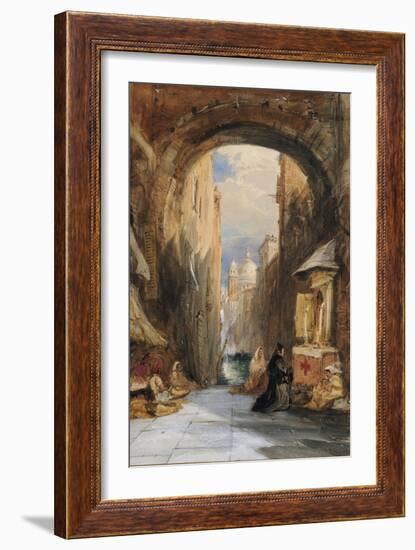 Venice: an Edicola Beneath an Archway, with Santa Maria Della Salute in the Distance, 1853-James Holland-Framed Giclee Print