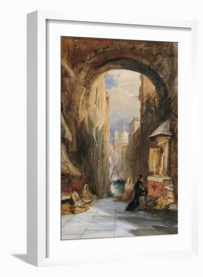 Venice: an Edicola Beneath an Archway, with Santa Maria Della Salute in the Distance, 1853-James Holland-Framed Giclee Print