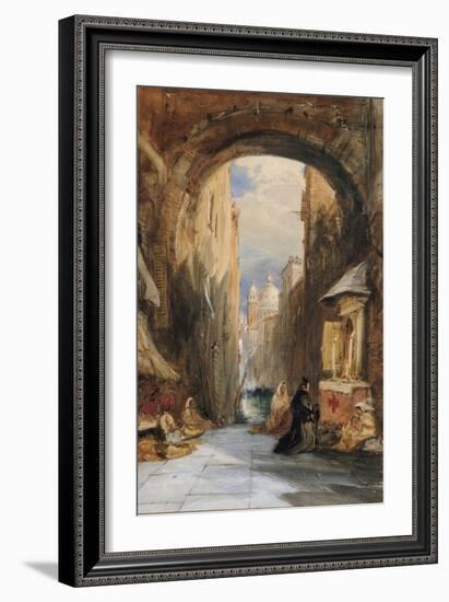 Venice: an Edicola Beneath an Archway, with Santa Maria Della Salute in the Distance, 1853-James Holland-Framed Giclee Print