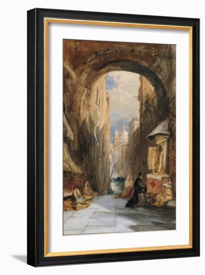 Venice: an Edicola Beneath an Archway, with Santa Maria Della Salute in the Distance, 1853-James Holland-Framed Giclee Print