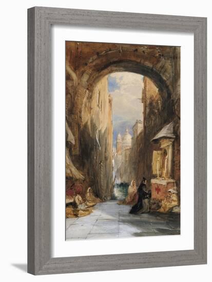 Venice: an Edicola Beneath an Archway, with Santa Maria Della Salute in the Distance, 1853-James Holland-Framed Giclee Print