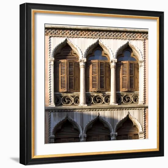 Venice - Architectural Detail of Ogee Windows with Shutters and Balconies-Mike Burton-Framed Photographic Print