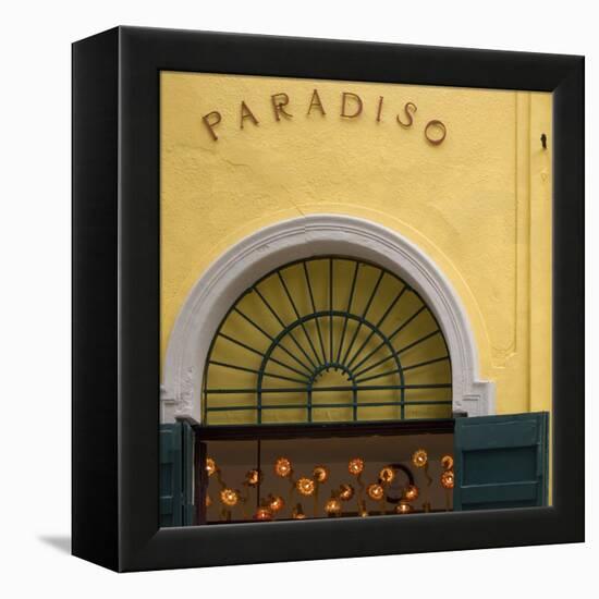 Venice Architectural Detail. Yellow Wall with Green Shutters and Arched Window Architrave-Mike Burton-Framed Premier Image Canvas