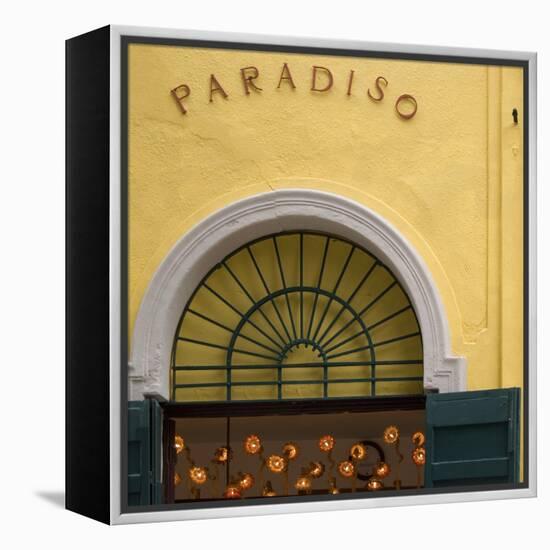 Venice Architectural Detail. Yellow Wall with Green Shutters and Arched Window Architrave-Mike Burton-Framed Premier Image Canvas