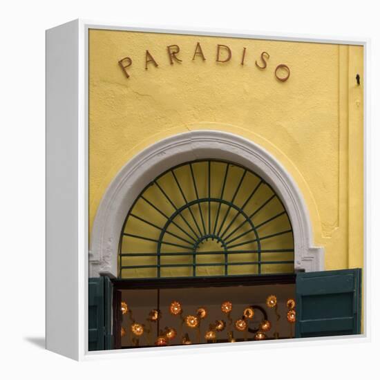 Venice Architectural Detail. Yellow Wall with Green Shutters and Arched Window Architrave-Mike Burton-Framed Premier Image Canvas