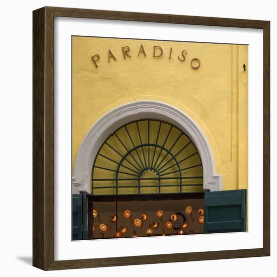 Venice Architectural Detail. Yellow Wall with Green Shutters and Arched Window Architrave-Mike Burton-Framed Photographic Print