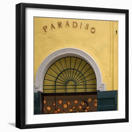 Venice Architectural Detail. Yellow Wall with Green Shutters and Arched Window Architrave-Mike Burton-Framed Photographic Print