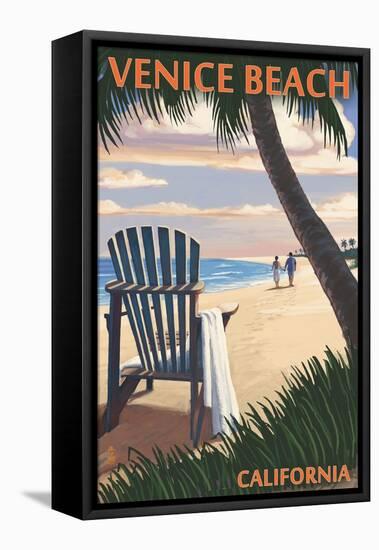 Venice Beach, California - Adirondack Chairs and Sunset-Lantern Press-Framed Stretched Canvas