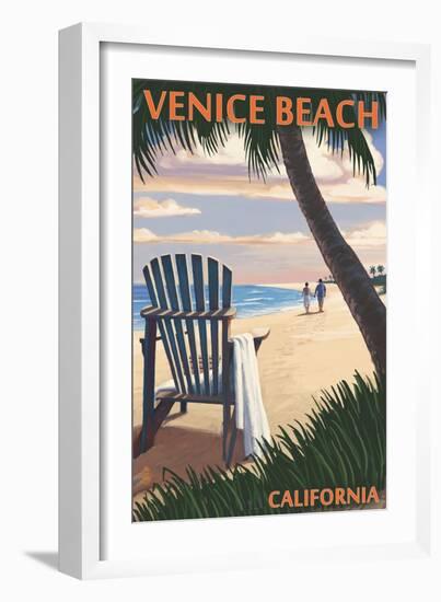 Venice Beach, California - Adirondack Chairs and Sunset-Lantern Press-Framed Art Print