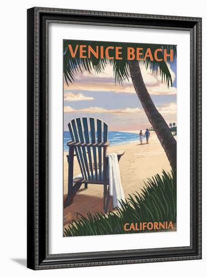 Venice Beach, California - Adirondack Chairs and Sunset-Lantern Press-Framed Art Print