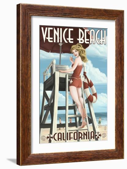 Venice Beach, California - Lifeguard Pinup-Lantern Press-Framed Art Print