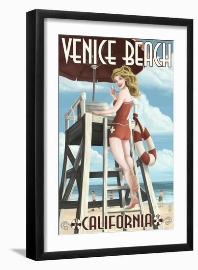 Venice Beach, California - Lifeguard Pinup-Lantern Press-Framed Art Print