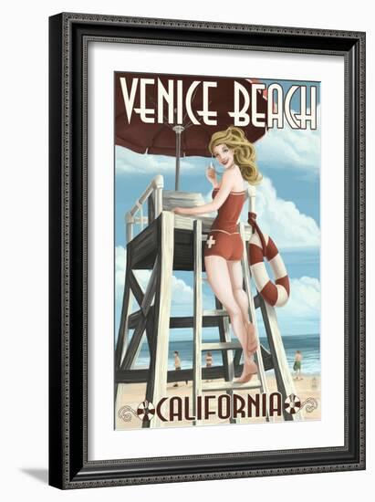 Venice Beach, California - Lifeguard Pinup-Lantern Press-Framed Art Print