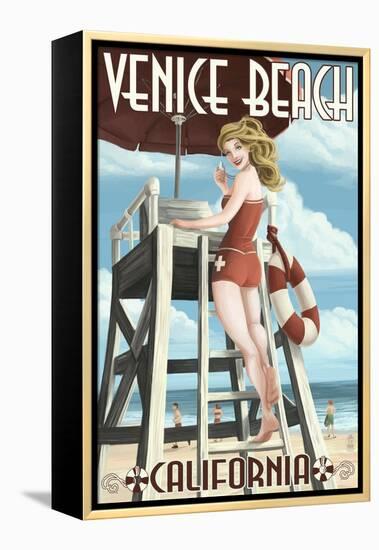 Venice Beach, California - Lifeguard Pinup-Lantern Press-Framed Stretched Canvas