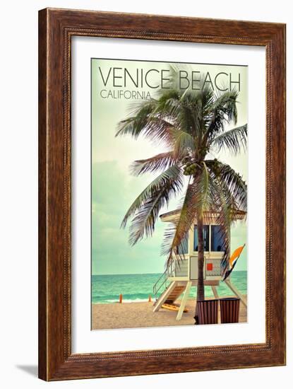 Venice Beach, California - Lifeguard Shack and Palm-Lantern Press-Framed Art Print