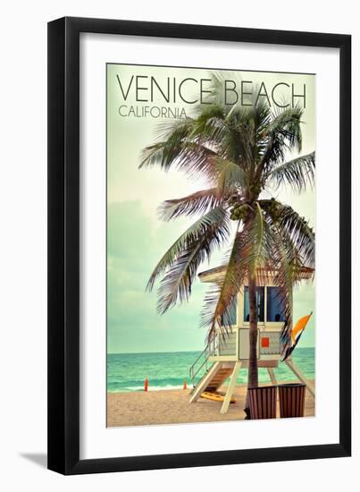 Venice Beach, California - Lifeguard Shack and Palm-Lantern Press-Framed Art Print