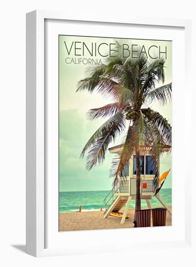 Venice Beach, California - Lifeguard Shack and Palm-Lantern Press-Framed Art Print