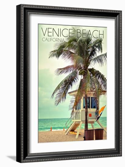 Venice Beach, California - Lifeguard Shack and Palm-Lantern Press-Framed Art Print