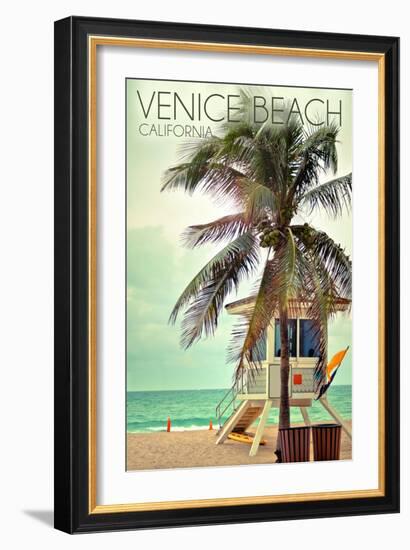 Venice Beach, California - Lifeguard Shack and Palm-Lantern Press-Framed Art Print