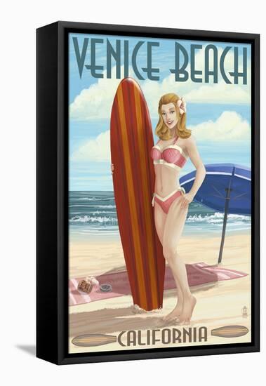 Venice Beach, California - Pinup Surfer Girl-Lantern Press-Framed Stretched Canvas