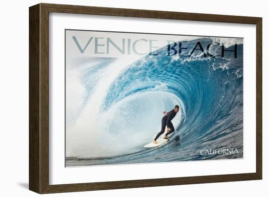 Venice Beach, California - Surfer in Perfect Wave-Lantern Press-Framed Art Print