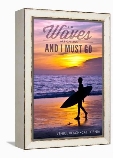 Venice Beach, California - the Waves are Calling - Surfer and Sunset-Lantern Press-Framed Stretched Canvas
