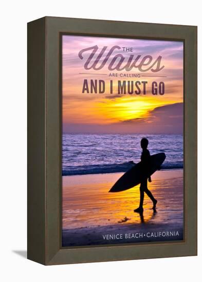 Venice Beach, California - the Waves are Calling - Surfer and Sunset-Lantern Press-Framed Stretched Canvas