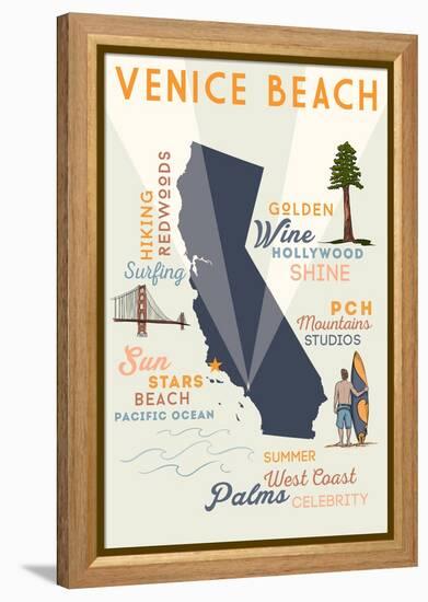 Venice Beach, California - Typography and Icons-Lantern Press-Framed Stretched Canvas