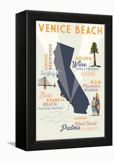 Venice Beach, California - Typography and Icons-Lantern Press-Framed Stretched Canvas
