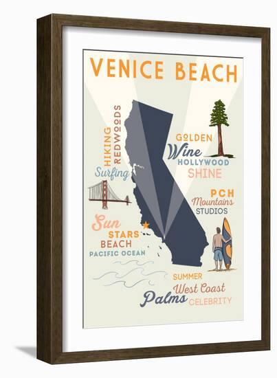 Venice Beach, California - Typography and Icons-Lantern Press-Framed Premium Giclee Print