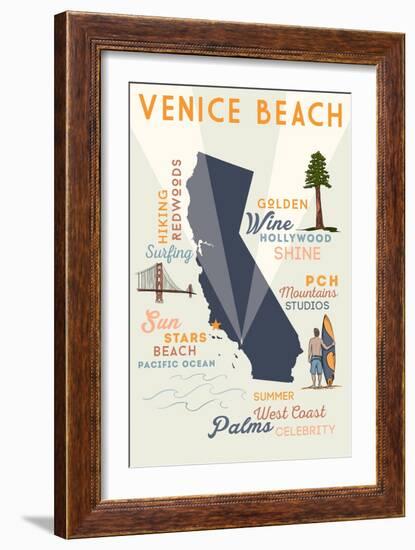 Venice Beach, California - Typography and Icons-Lantern Press-Framed Premium Giclee Print