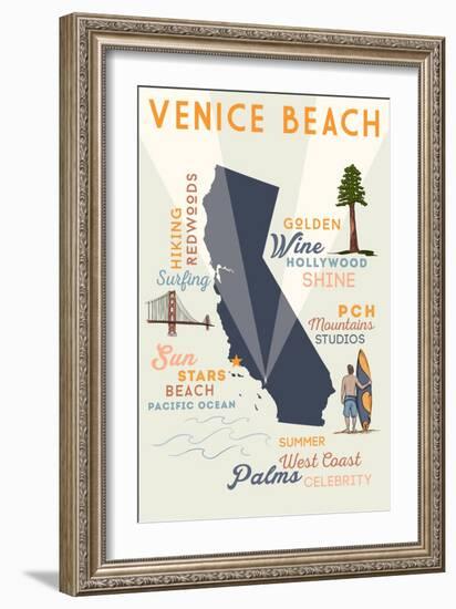 Venice Beach, California - Typography and Icons-Lantern Press-Framed Art Print