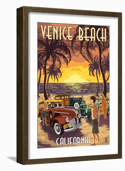 Venice Beach, California - Woodies and Sunset-Lantern Press-Framed Art Print