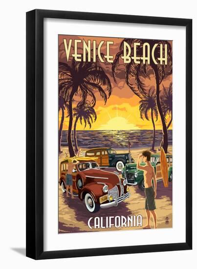 Venice Beach, California - Woodies and Sunset-Lantern Press-Framed Art Print